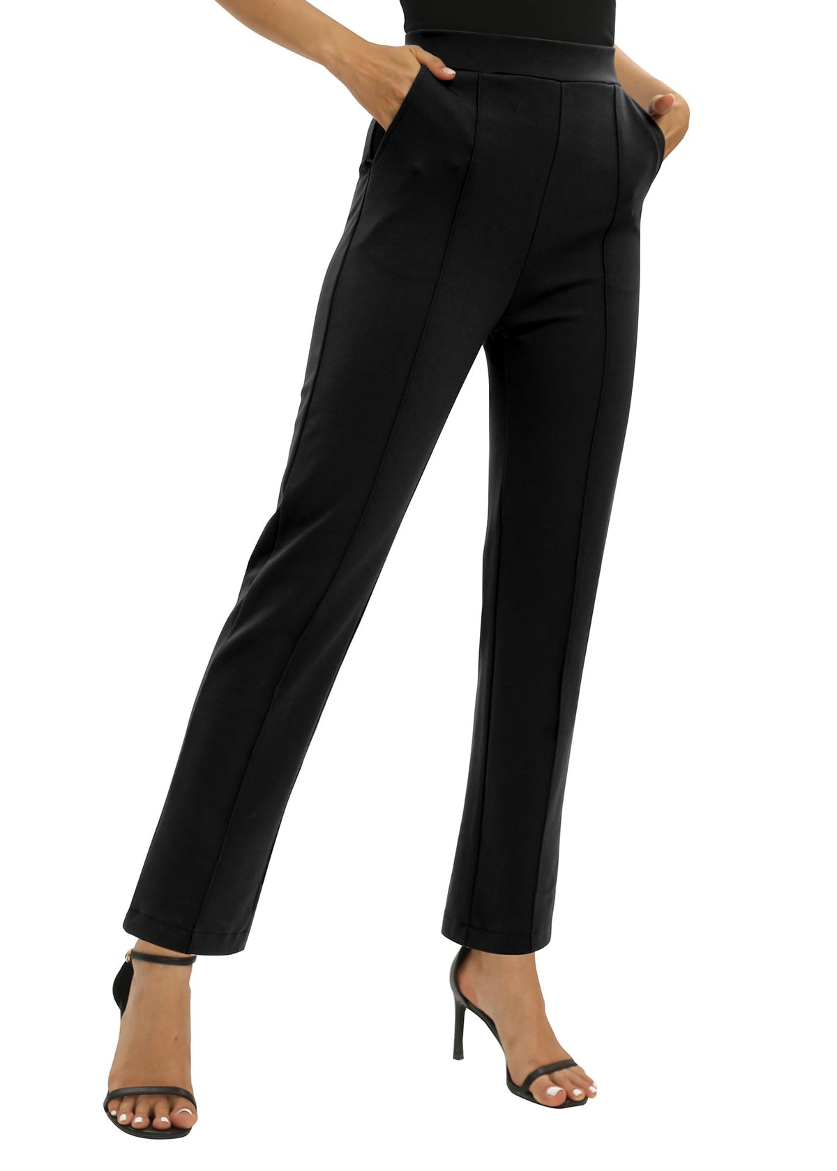 Pantaloni office damă EXCHIC drepți cu talie elastică și buzunare – Negru XL