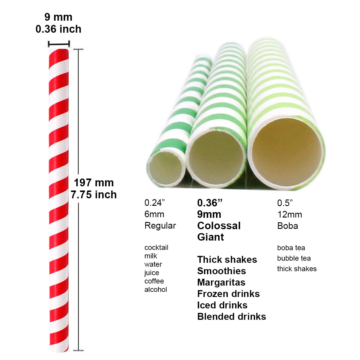 Disposable Paper Straws 9mm Thick for Smoothies 66pc – Assorted