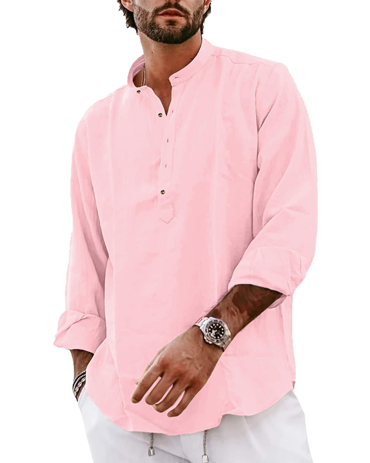 YAOBAOLE Linen Shirt Men Long Sleeve Business Shirt Men Shirt Cotton Linen Shirts Men Pink XL