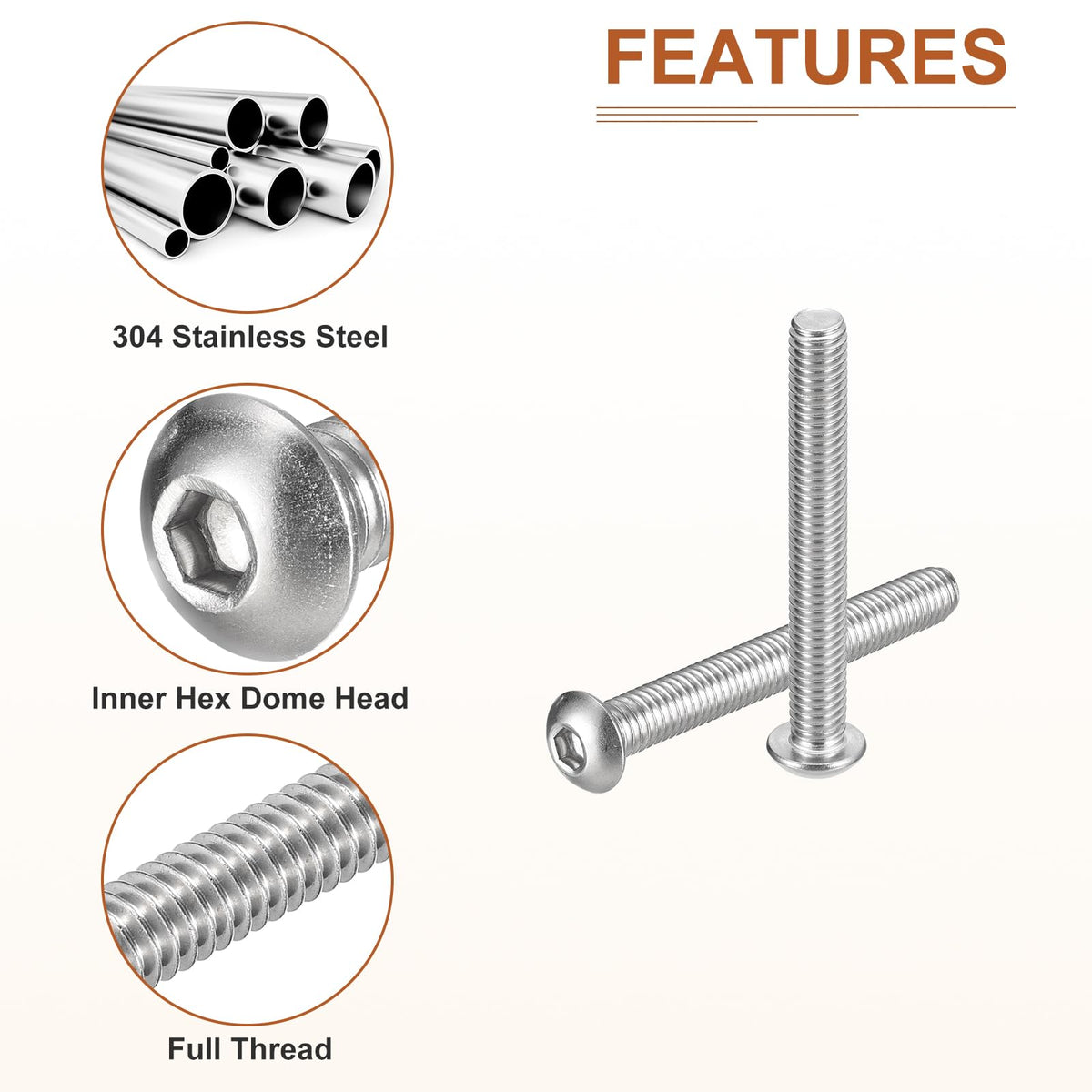 Socket Head Cap Screws 3/8-16x3in Hex Drive UNC 304 Stainless Full Thread - 15pc