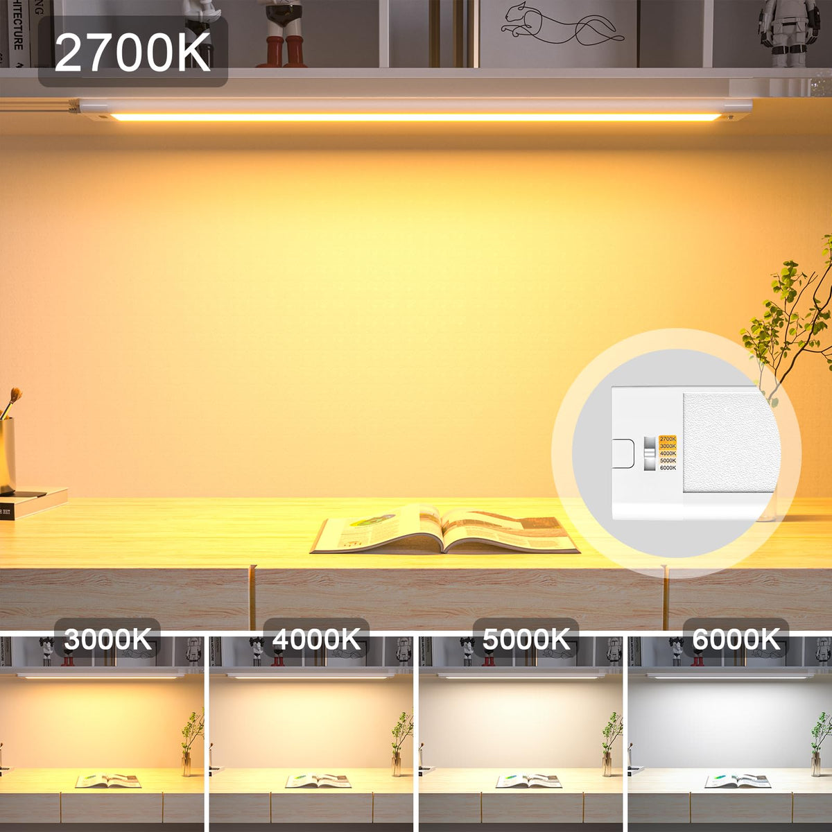 WOBANE under cabinet light kitchen LED dimmable, 5 light colors, 60cm LED light strip with contactless sensor, bright LED kitchen lighting, under cabinet lighting for cupboard, workbench, shelves, 1400 lumens