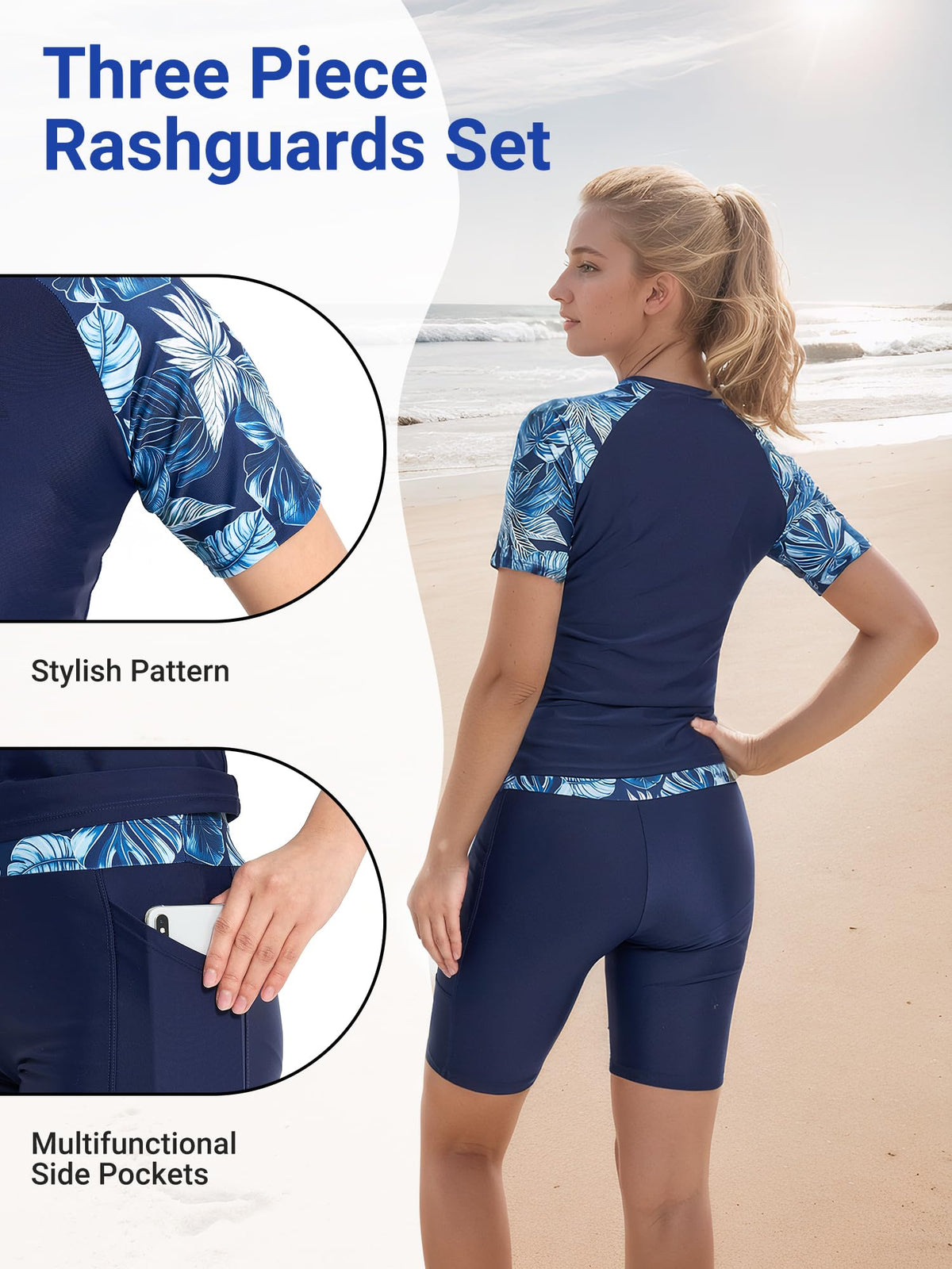 Costum de înot damă 3 piese Owntop protecție solară UPF 50+ cu uscare rapidă – Bleumarin S