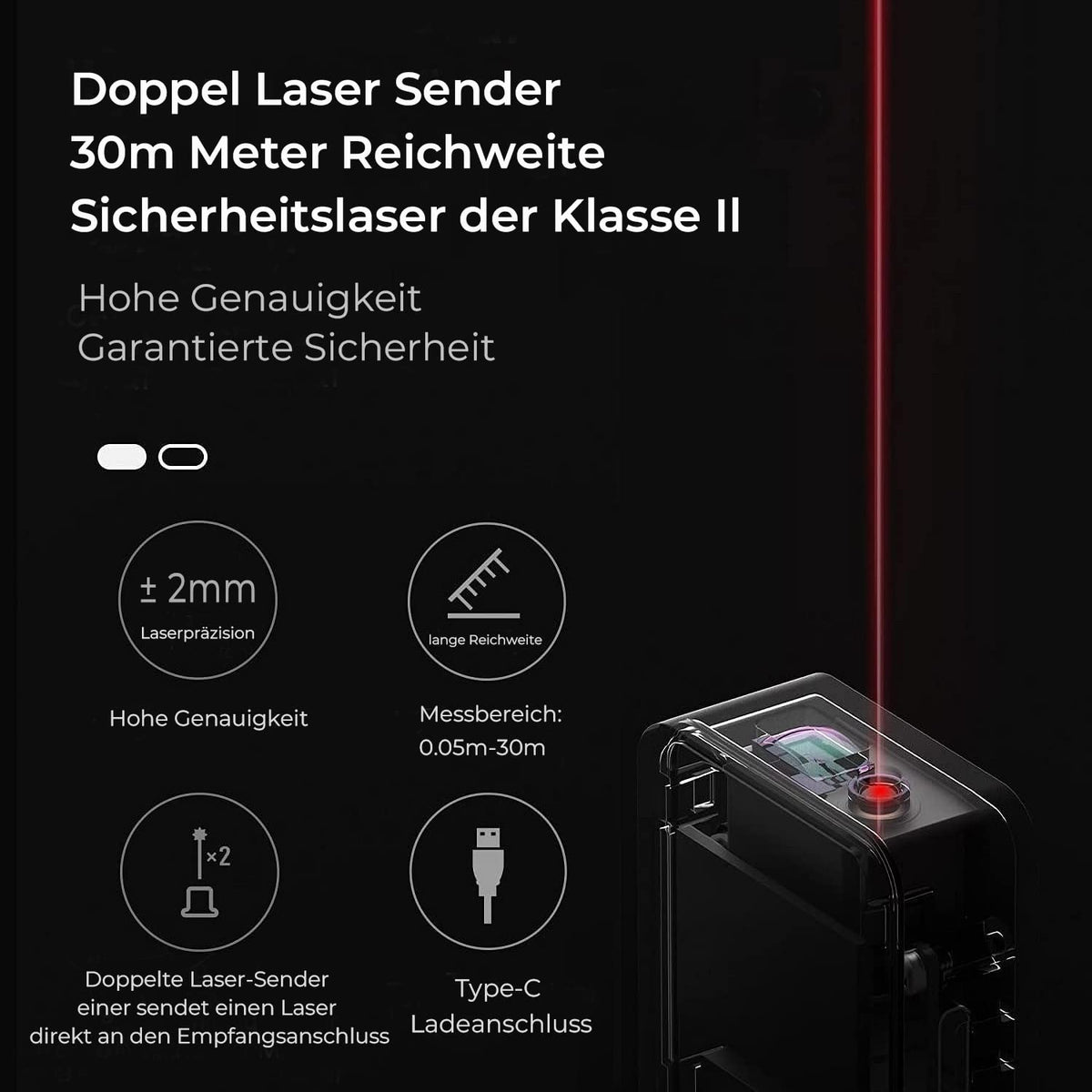HOTO Laser Rangefinder 30 m, ±2 mm Accuracy, Digital Laser Tape Measure Laser Measuring Device with Bluetooth & OLED Display, USB-C Charging, m/ft/in Switch, 7.3×3.3×1.7 cm, Index Finger Ring Design