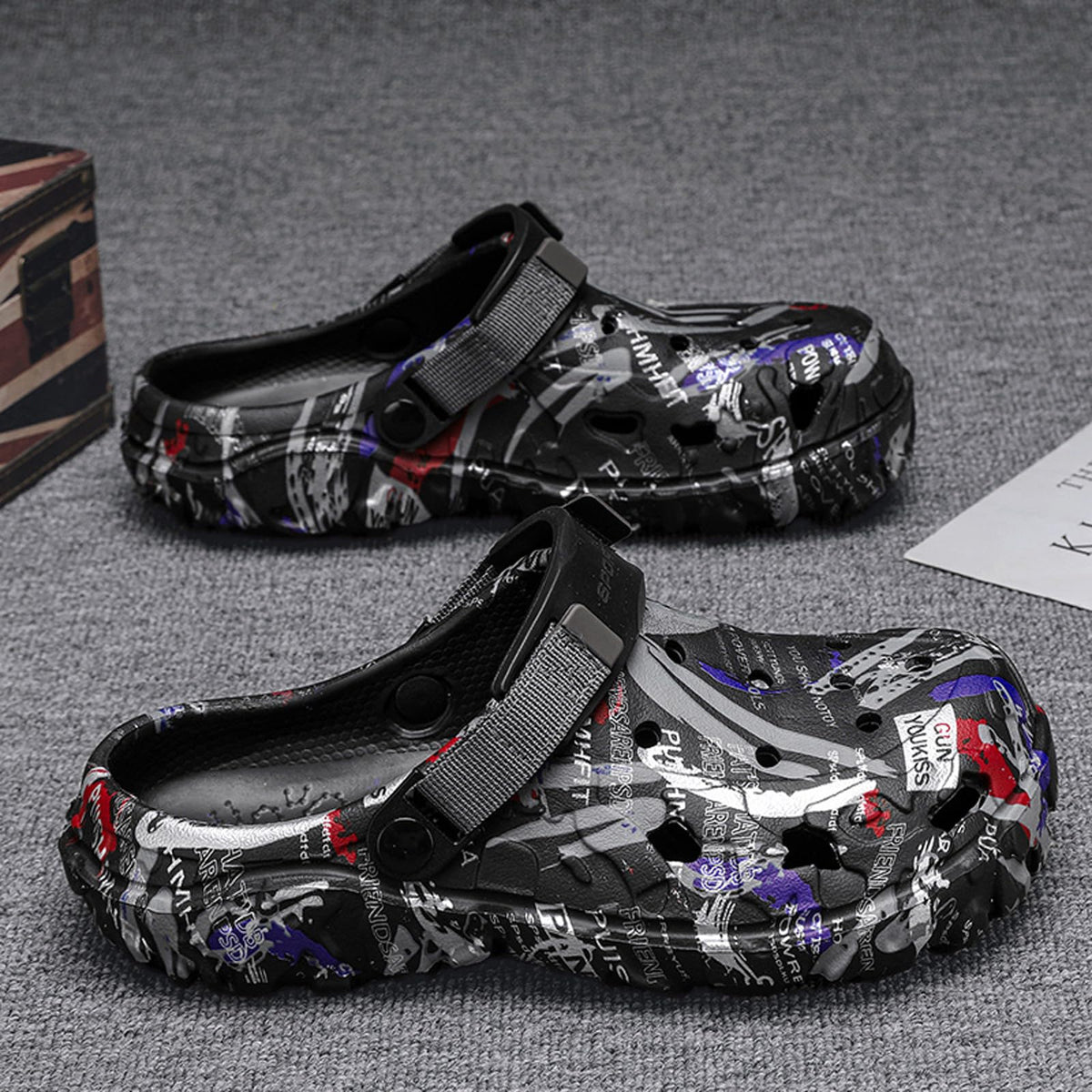Men's Camouflage Clogs Lightweight Water Shoes Adjustable Heel Strap – Black EU 45