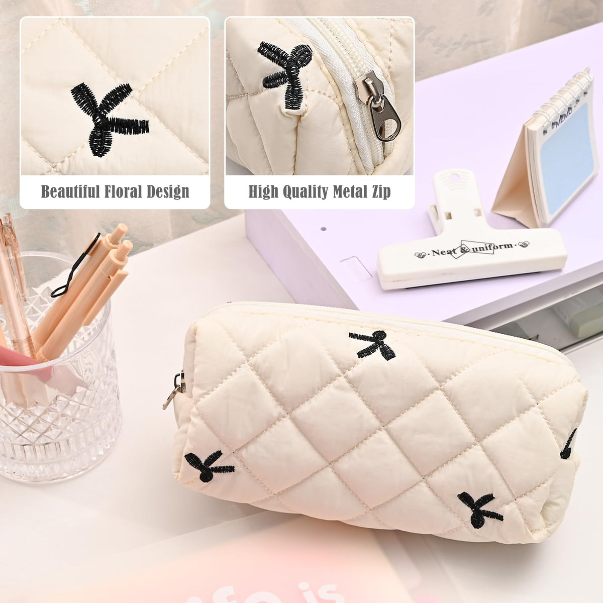 Floral Pencil Case Makeup Pouch Smooth Zipper Small – White