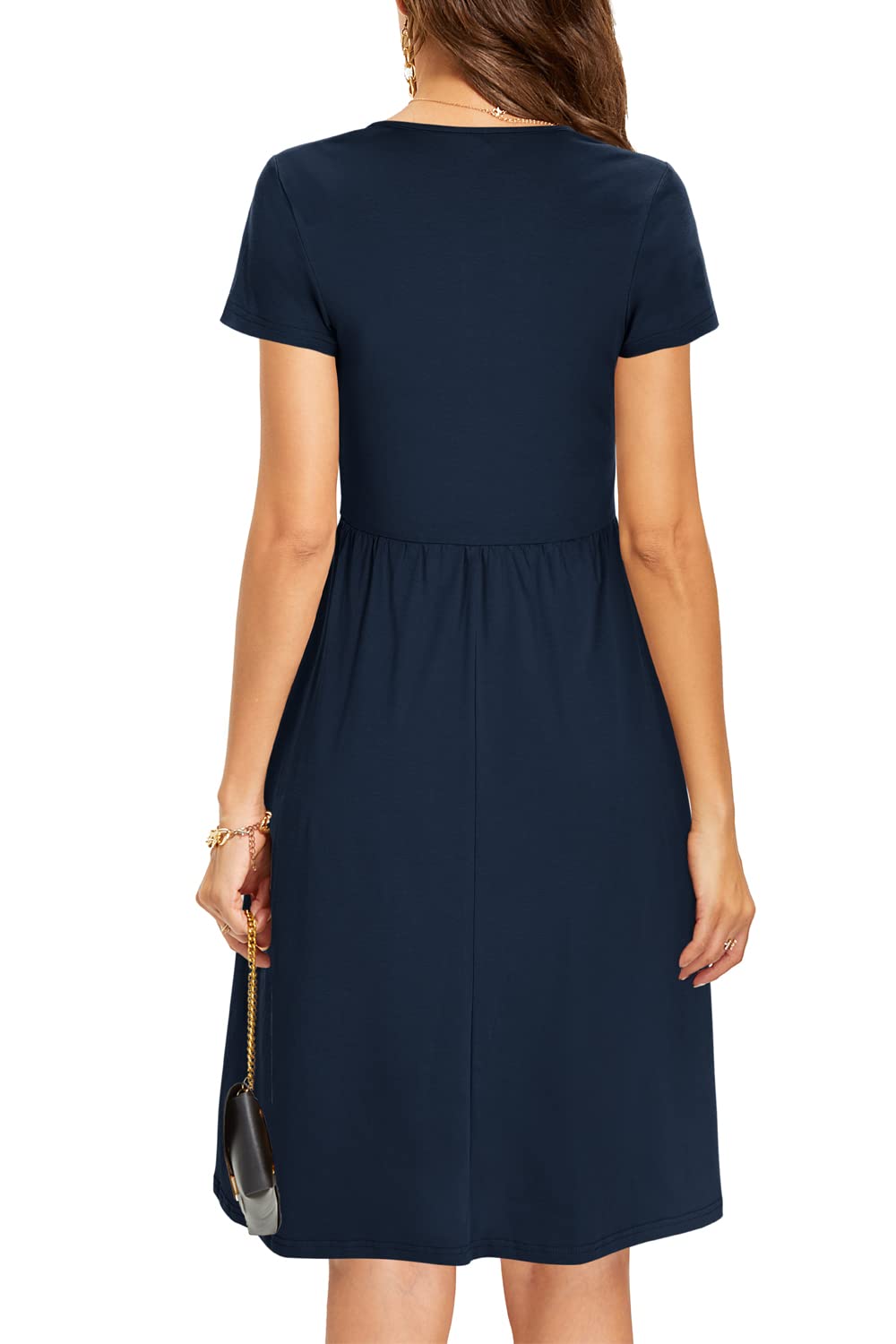 STYLEWORD Women's Summer Dress Short Sleeve V-Neck Dresses Solid Color Dress Beach Dress With Pockets (Navy, Small)
