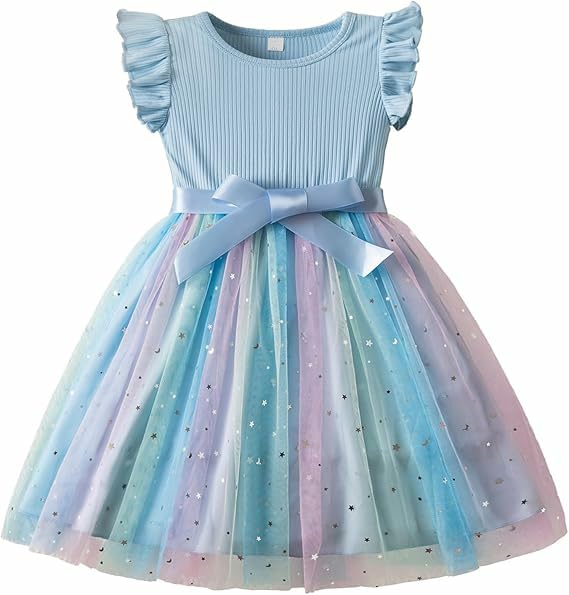 Girls' Ribbed Knit Tulle Dress with Sequins Flying Sleeves – Blue 5-6 yrs
