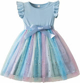 Girls' Ribbed Knit Tulle Dress with Sequins Flying Sleeves – Blue 5-6 yrs