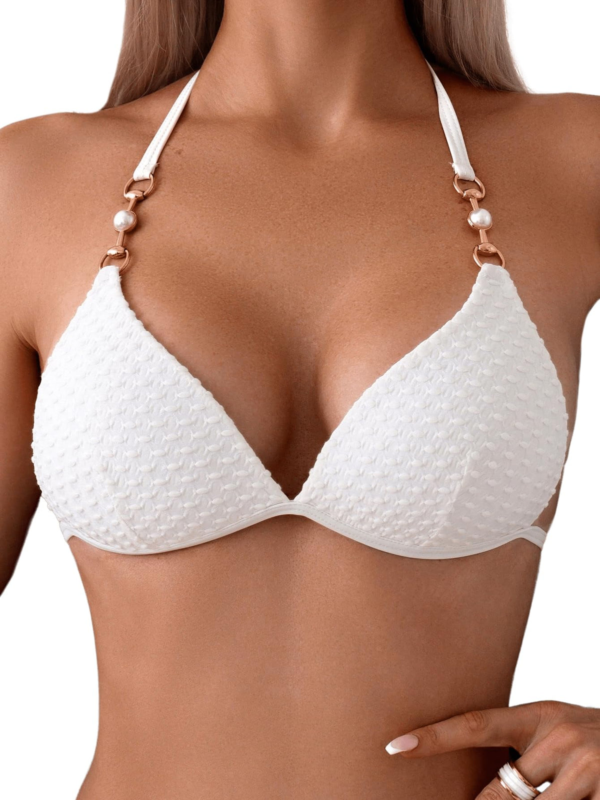 Costum de baie două piese GORGLITTER triunghi halter cu lanțuri și perle – Alb M