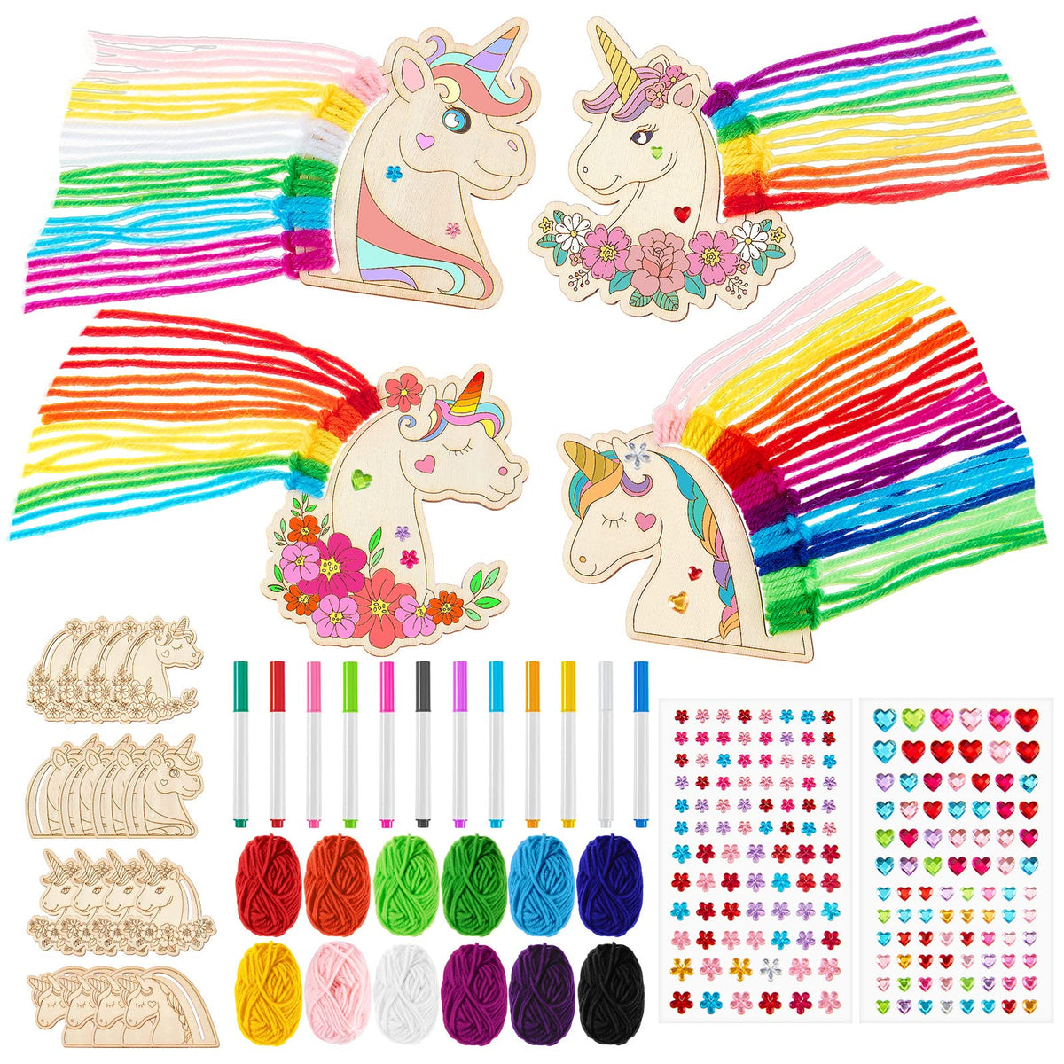 Harrycle 16 Set Wooden Unicorn Craft Set Children Unicorn Fridge Magnets Make Your Own Unicorn and Self-Adhesive Glitter Stones DIY Kit for Girls Boys Birthday Party Painting with the Family