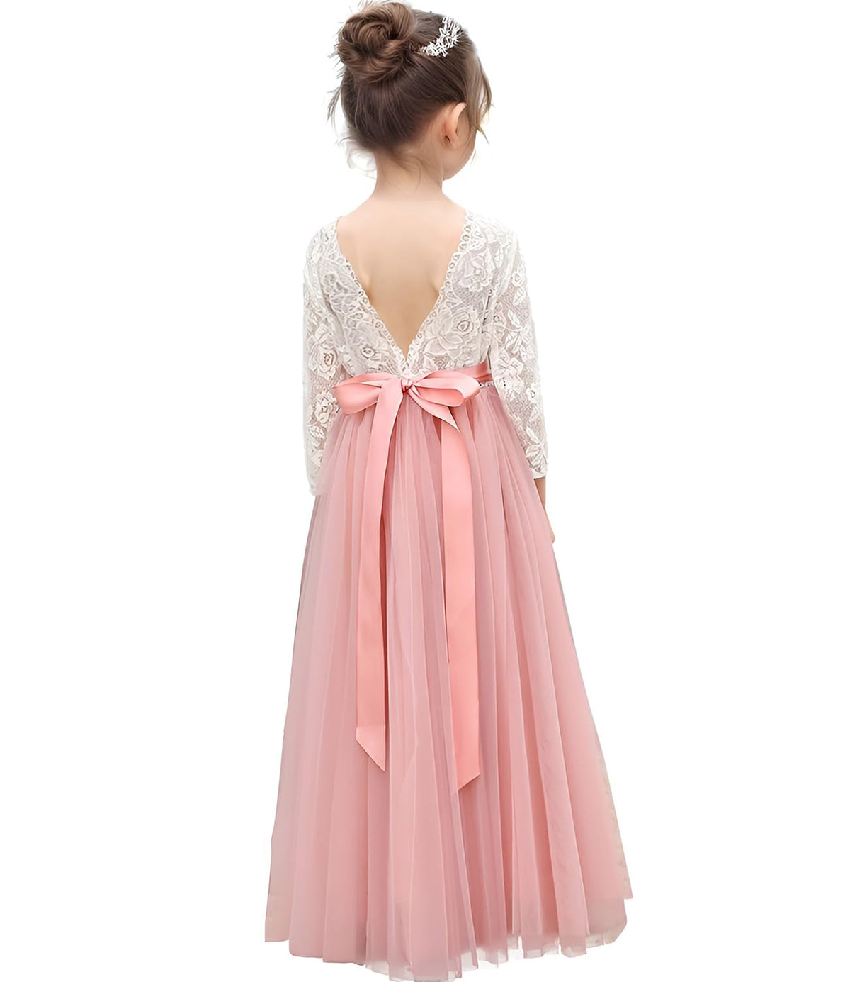 Flower Girl Tulle Princess Dress Lace V-Back Tutu Ball Gown with Sash - Pink 10-11Y