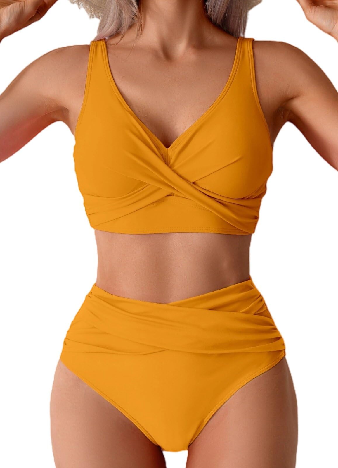 Costum de baie damă din 2 piese triunghi push-up talie înaltă – Galben L