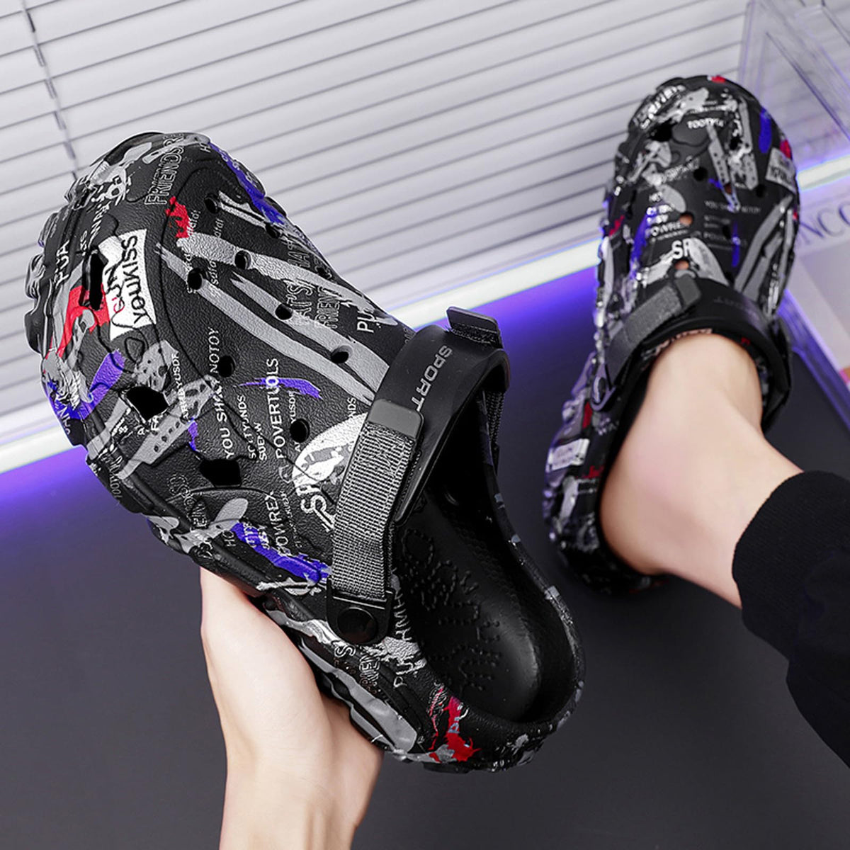 Men's Camouflage Clogs Lightweight Water Shoes Adjustable Heel Strap – Black EU 45
