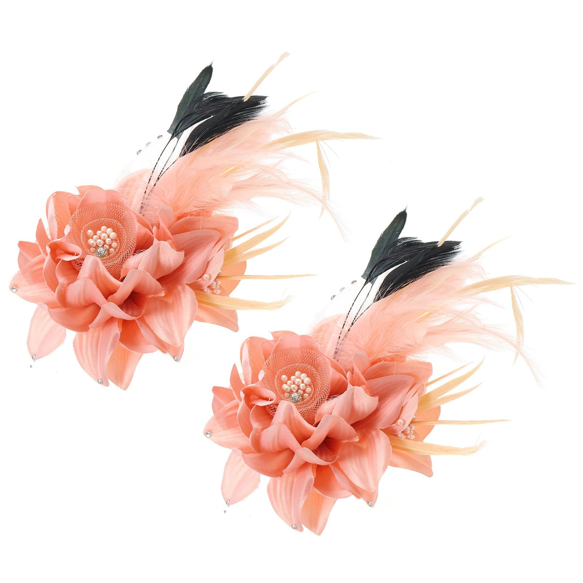 Floral Hair Clips 2-Piece Camellia Feather Brooch Pins Wedding Party – Pink