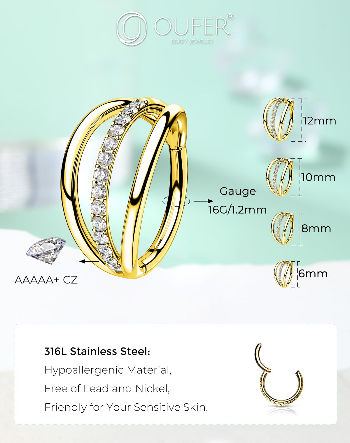 Cercel piercing helix / tragus / sept din oțel chirurgical 316L 16G OUFER – Auriu