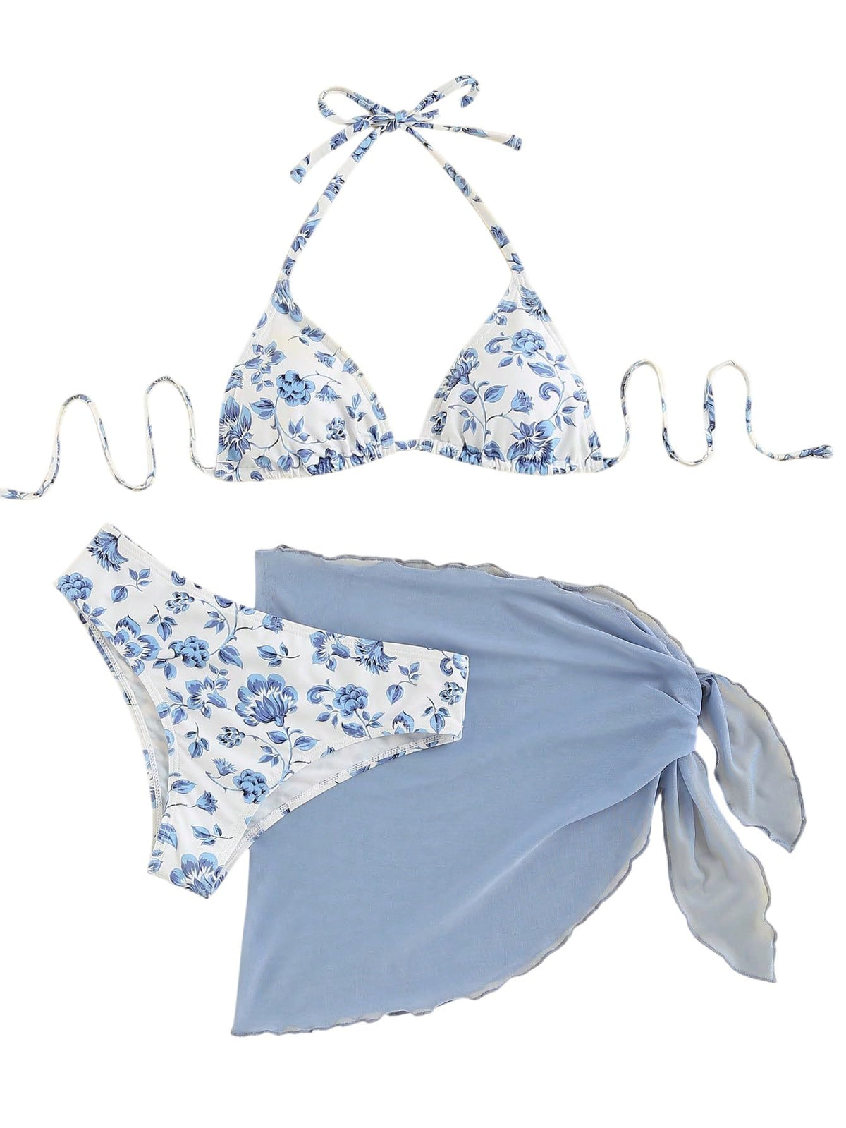 Set costum de baie damă din 3 piese GORGLITTER cu fustă pareo imprimeu floral – Albastru deschis M