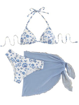Set costum de baie damă din 3 piese GORGLITTER cu fustă pareo imprimeu floral – Albastru deschis M