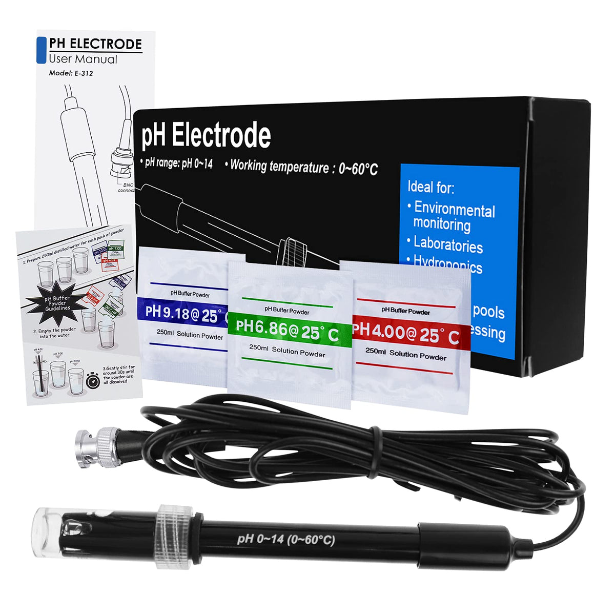 Electrod sondă pH de înaltă precizie 0-14 pH cu conector BNC și pulberi de calibrare