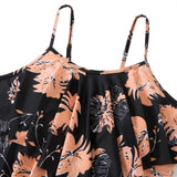 Women's Two-Piece Tankini Swimsuit High-Waist Shorts Double Ruffle Floral – Black S