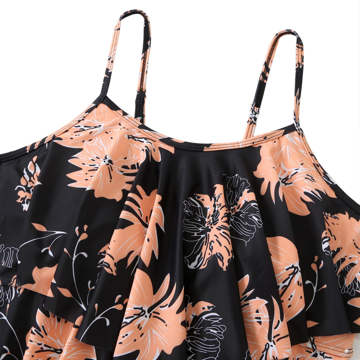 Women's Two-Piece Tankini Swimsuit High-Waist Shorts Double Ruffle Floral – Black S