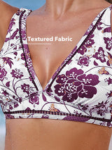 CUPSHE Women's V-Neck Bikini Set Mid Waist Ladder Seam Decorative Cutouts – Plum Purple/Floral S