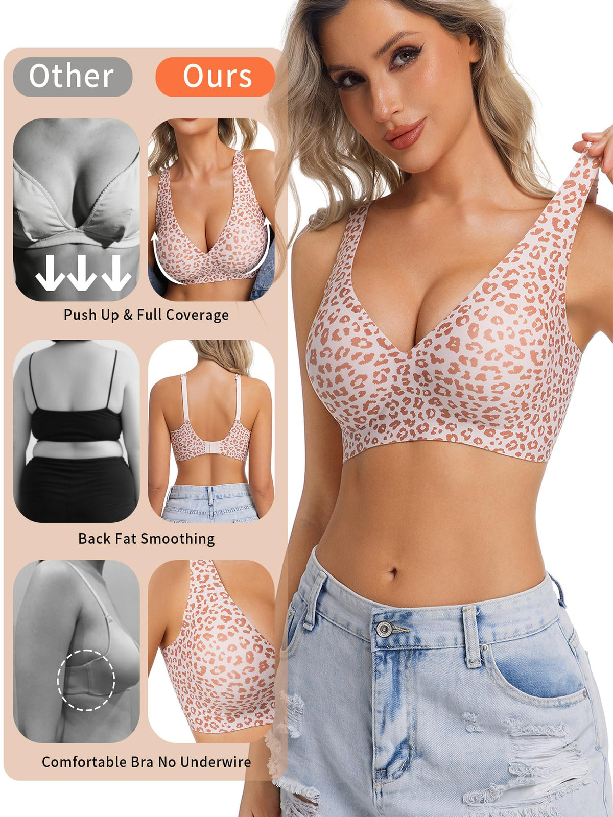 Sutien invizibil fără armătură cu suport silicon push-up decolteu în V – Leopard Roz