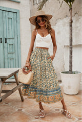 Women's Boho Elastic Waist Midi Skirt Floral with Drawstring Casual Flowy – Beige S