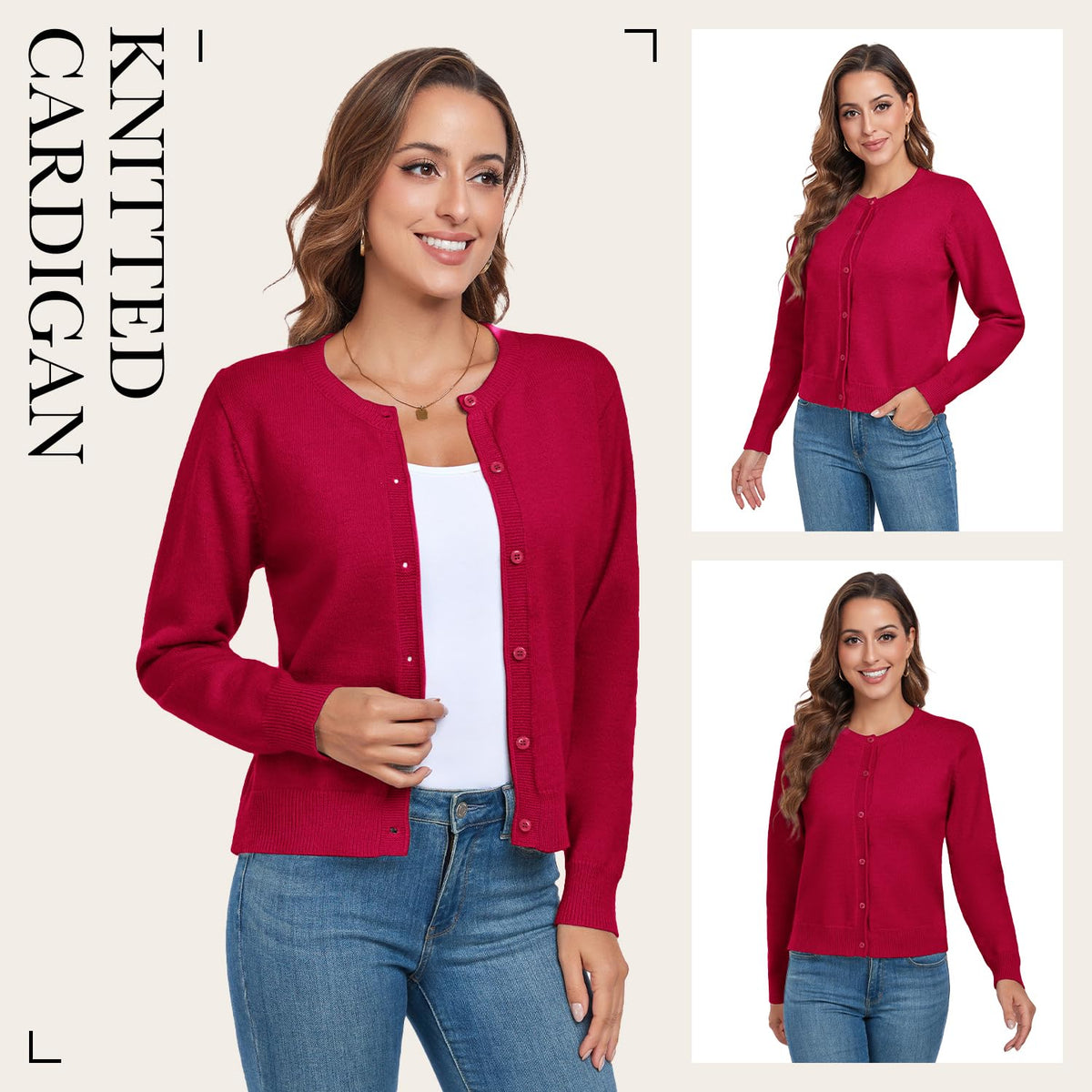 Women's Long Sleeve Knit Cardigan Buttoned Round Neck – Red M