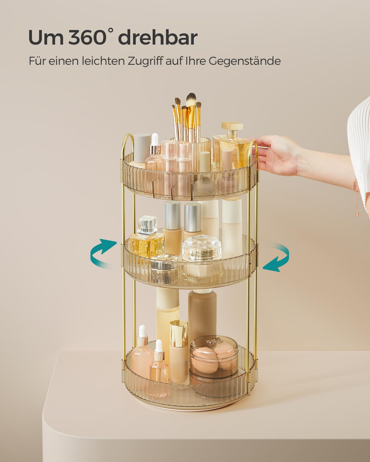 SONGMICS Rotating Makeup Organizer, Round Cosmetic Organizer, 3 Tiers, Adjustable Cosmetic Storage, for Dressing Table, Gift Idea, Champagne Gold JKA011A01