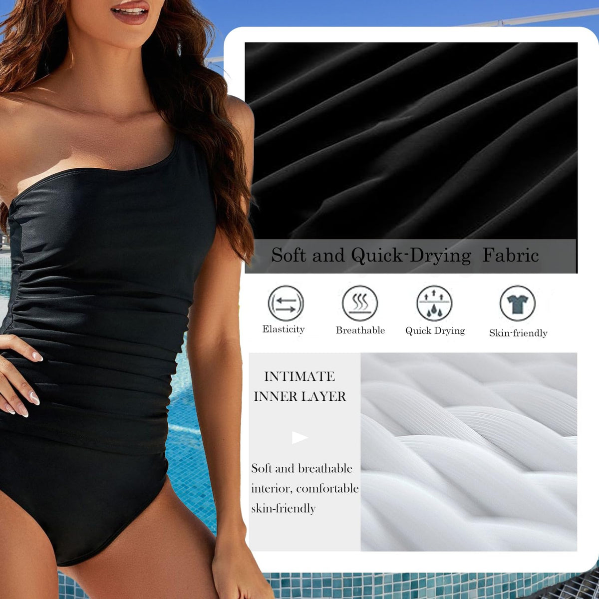 Costum de baie întreg damă USUN elegant decolteu în V push-up cu falduri modelatoare burtică