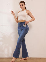 Blugi evazați damă cu talie înaltă elastici stil bootcut – Bleumarin M
