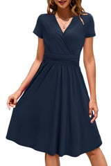 STYLEWORD Women's Summer Dress Short Sleeve V-Neck Dresses Solid Color Dress Beach Dress With Pockets (Navy, Small)
