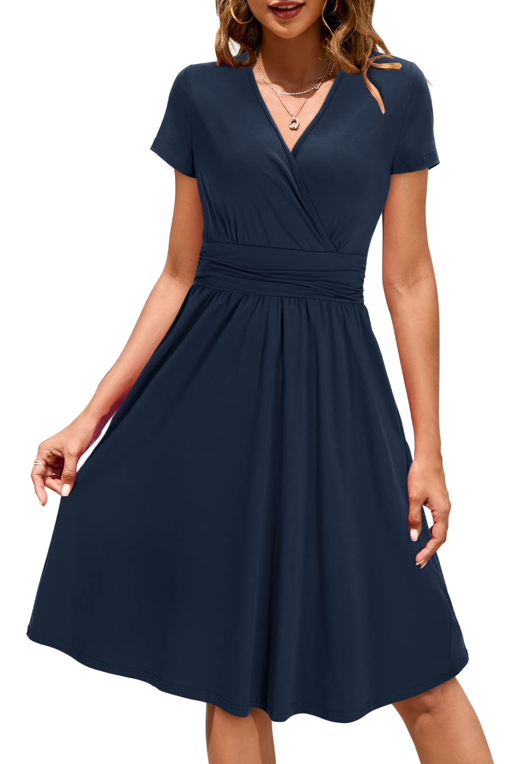 STYLEWORD Women's Summer Dress Short Sleeve V-Neck Dresses Solid Color Dress Beach Dress With Pockets (Navy, Small)