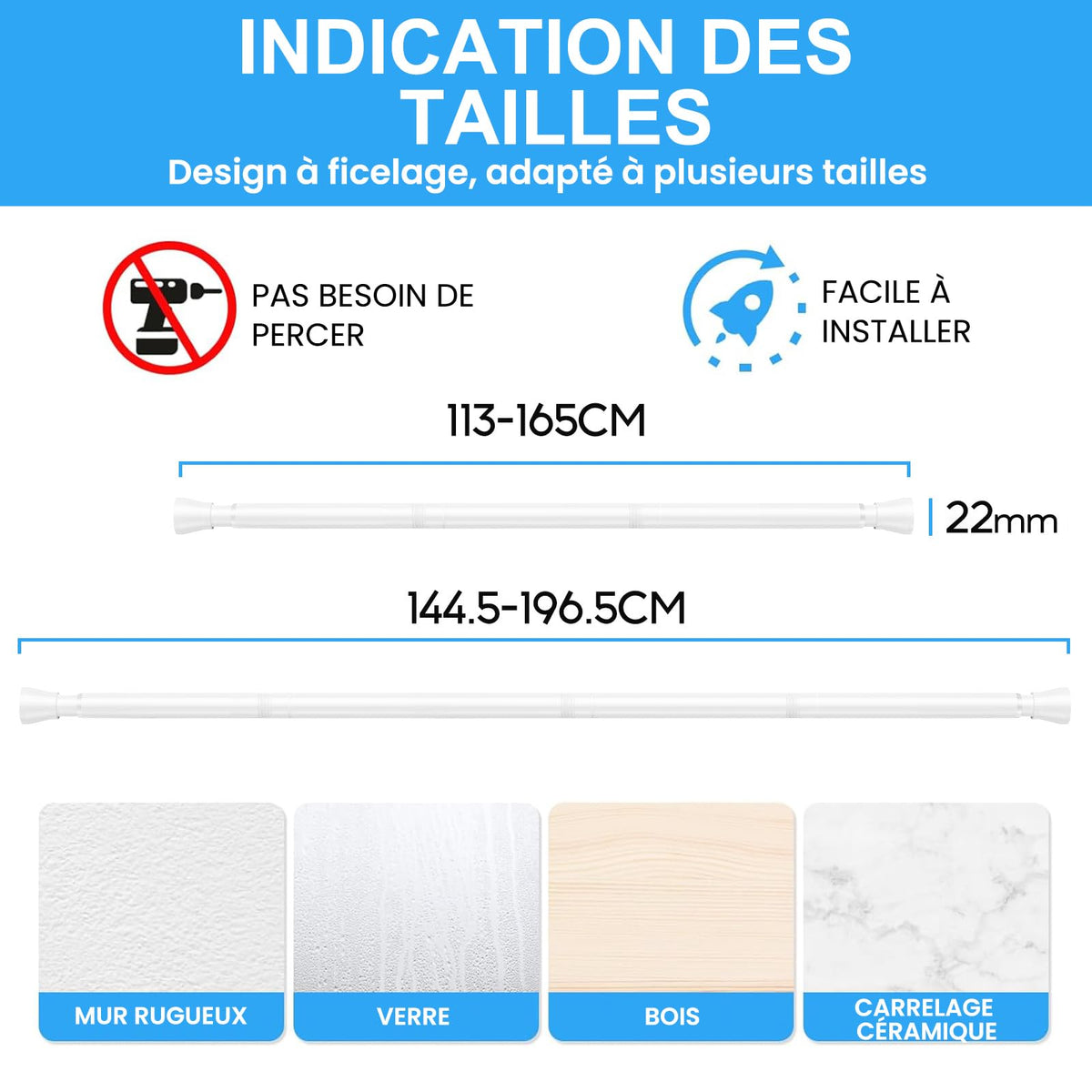 Bară telescopică extensibilă pentru perdea de duș fără găurire 22 mm – Alb 115–195 cm