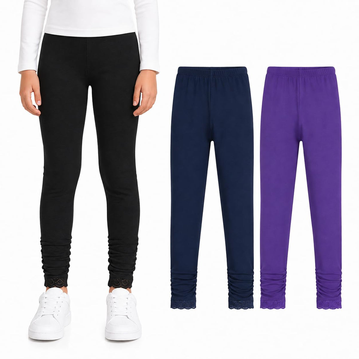 Girls' Stretch Leggings Cotton School Yoga Tights – Black/Purple/Navy 122