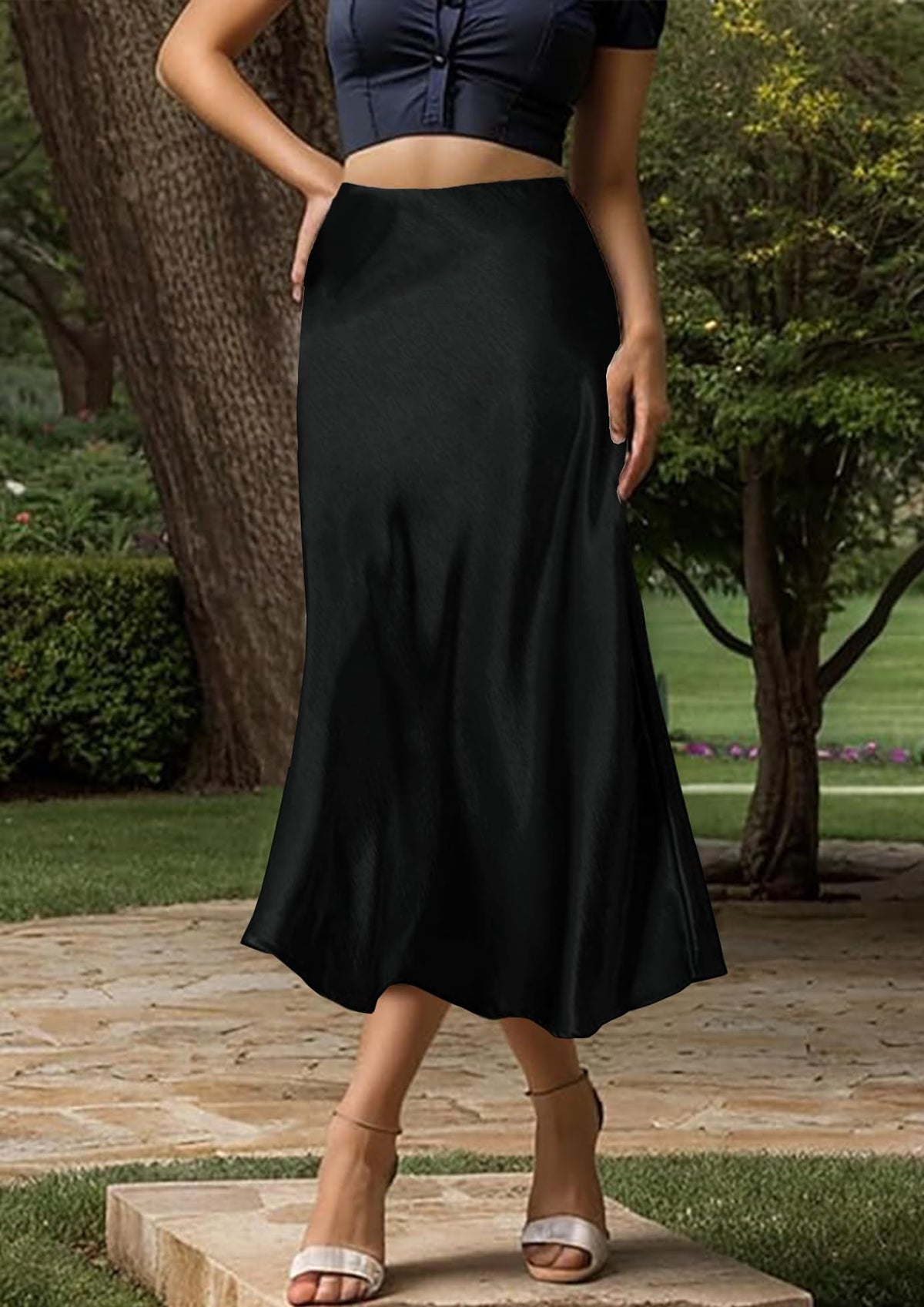 Women's High-Waist Satin Maxi Skirt A-Line Zipper Pleated – Black L