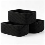 Cotton Rope Storage Baskets Set of 3 Foldable with Handles – Black