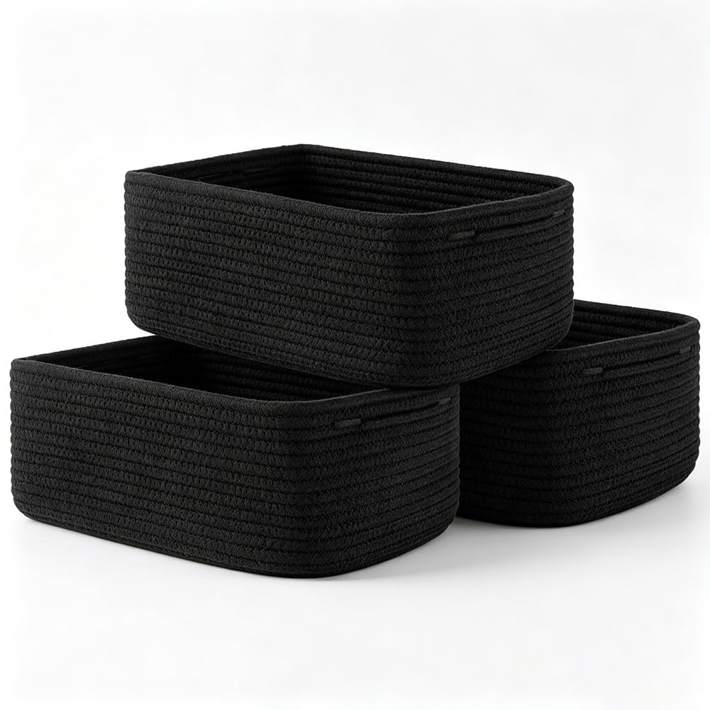 Cotton Rope Storage Baskets Set of 3 Foldable with Handles – Black