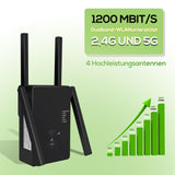Dual-Band Wi‑Fi Repeater 1200Mbps 4 External Antennas LAN/WAN Port – Black