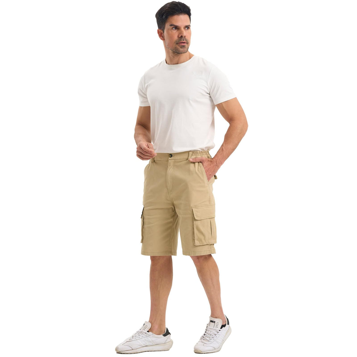 Men's Cargo Shorts Cotton Chino Casual with Pockets Elastic Waist – Grey-Brown L