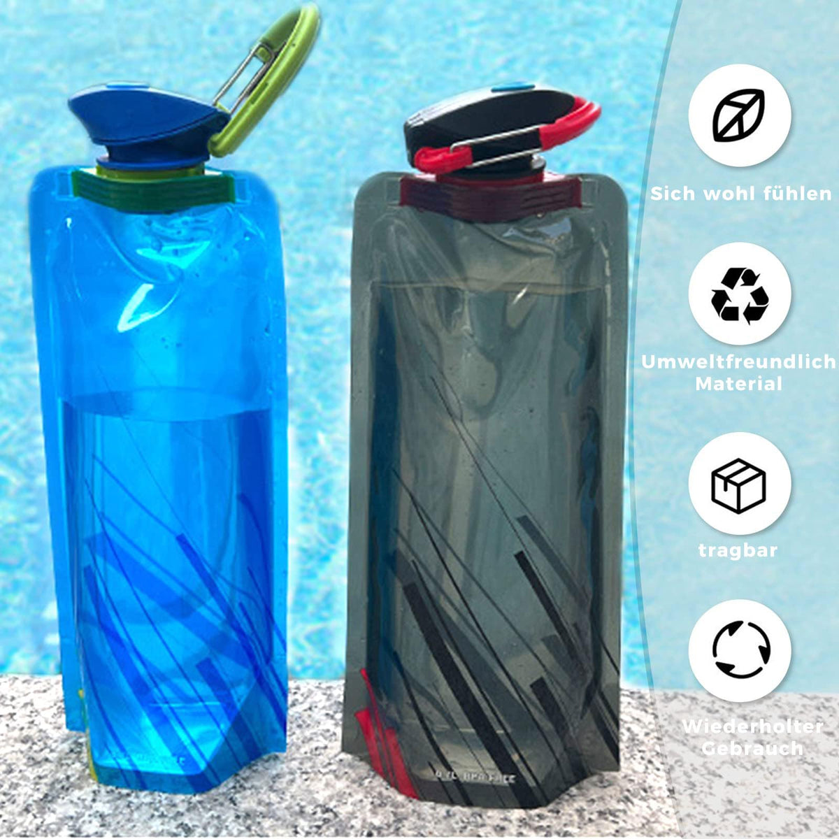 TAKUZA Foldable Drinking Bottle 3 Pack, Unisex Adult 700ml Foldable Drinking Bottle, Festival Drinking Bottle, Foldable Water Bottle Reusable, With Removable Cleaning Brush, for Festival, Hiking