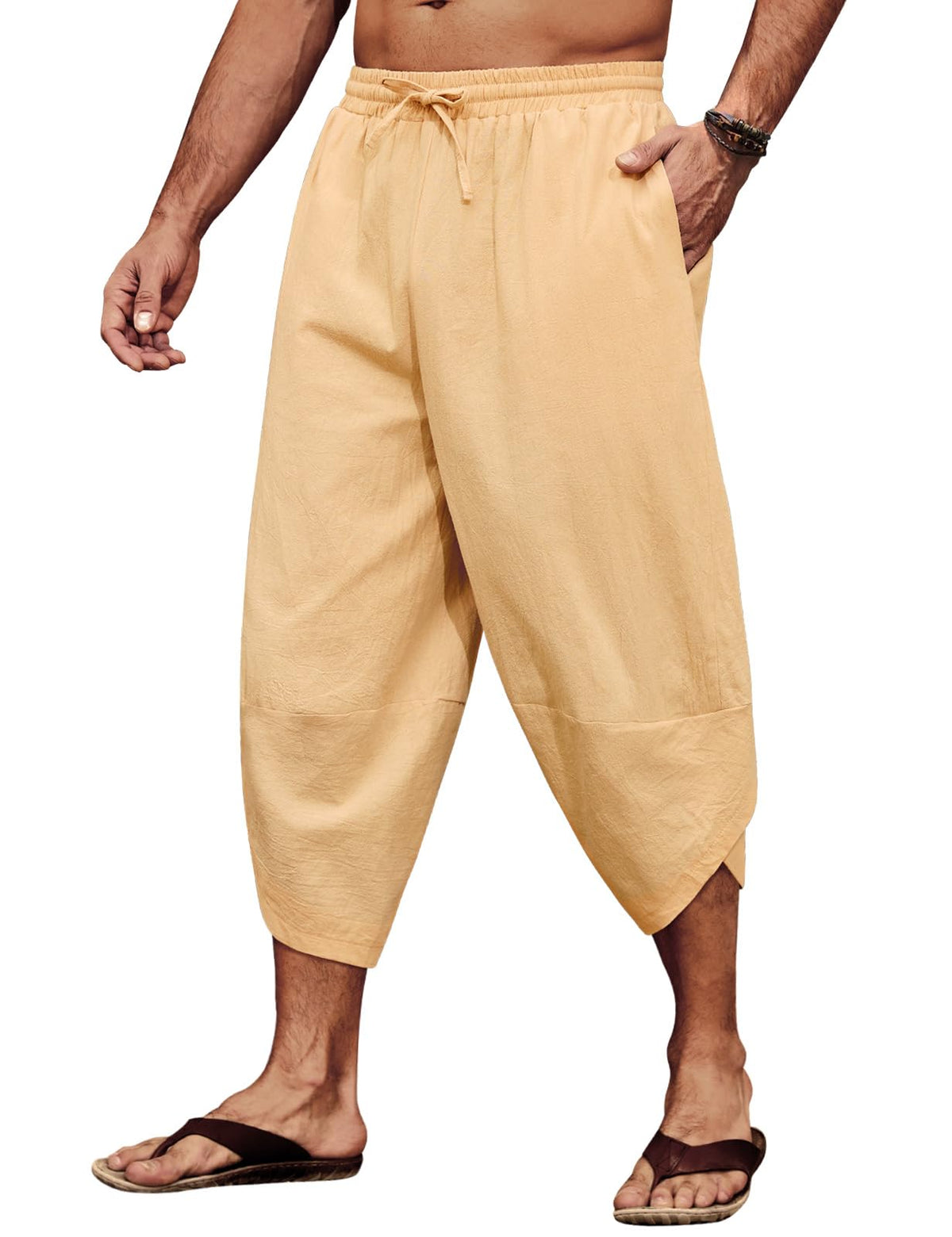Men's 3/4 Lightweight Summer Trousers Baggy Cotton Harem with Drawstring & Pockets – M