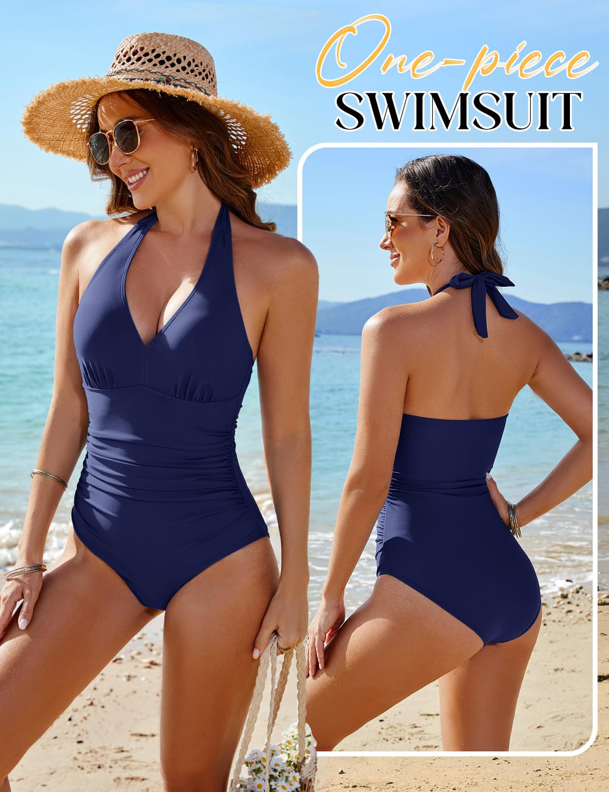 Costum de baie întreg damă push-up buretat cu drapaj modelator – Bleumarin S