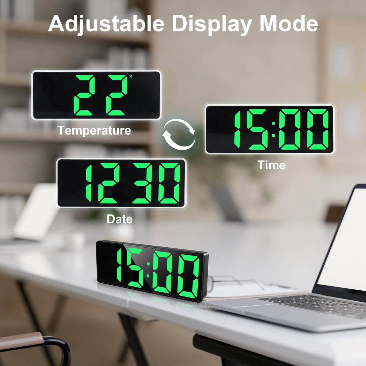 Lafocuse LED Digital Alarm Clock with Large Numbers, Temperature Display and Date, Digital Type-C/Battery Operated Table Clock with Snooze, Brightness Adjustable, 12/24HR for Bedside Table, Bedroom, Office, Green