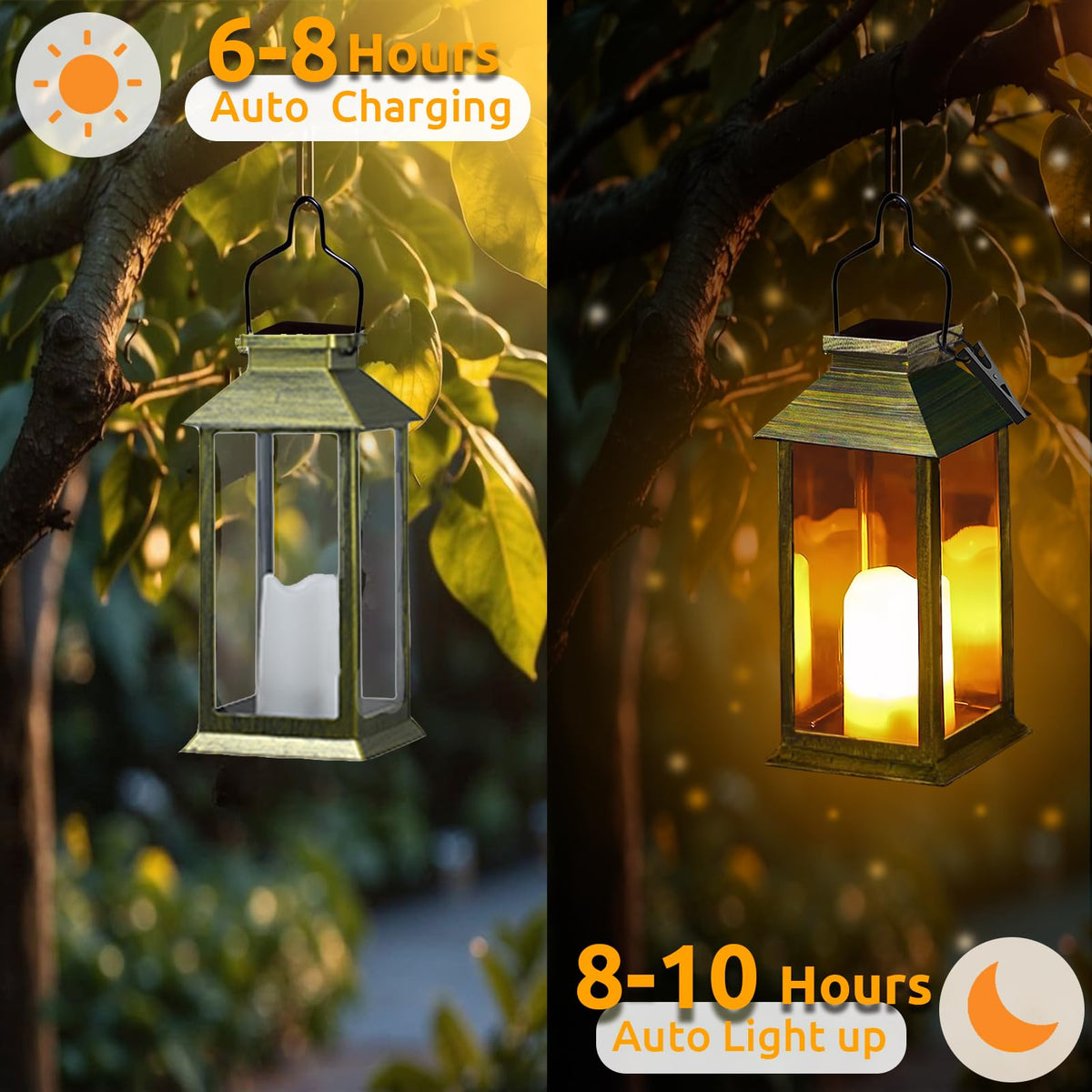 Dekofun Solar Lights, 2-Pack Outdoor Hanging Lanterns, Weatherproof, Flickering Effect – Bronze