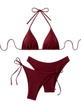 Set costum de baie 3 piese GORGLITTER cu slip cu fundițe și top halter – Bordeaux S