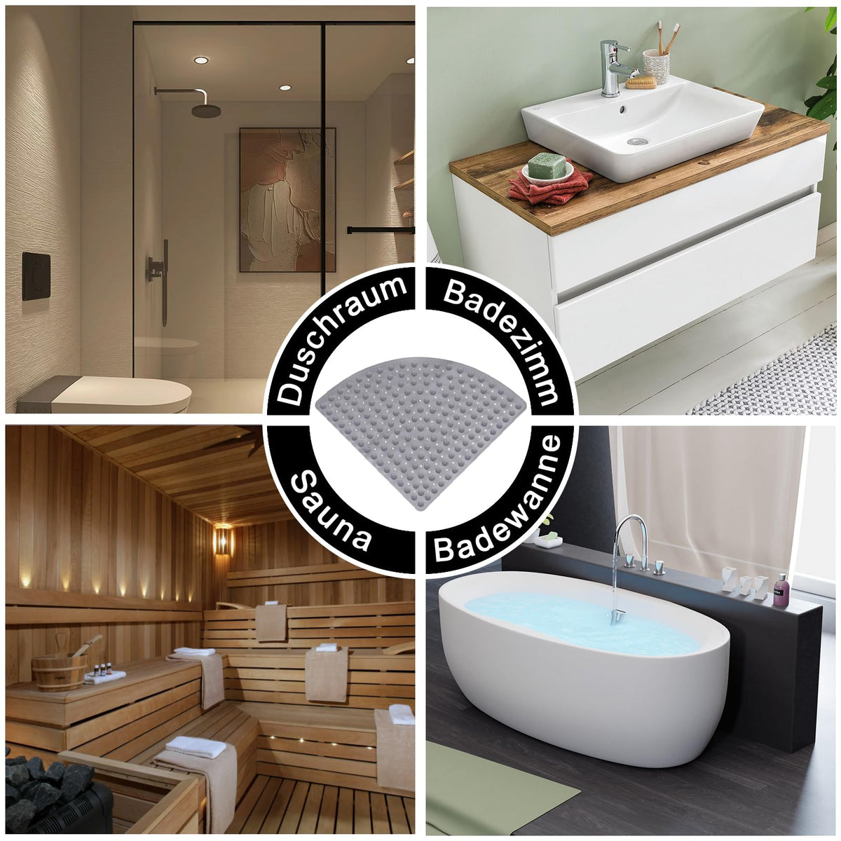 Triangular Corner Shower Mat 70x70cm Non-Slip with Suction Cups Drainage – Grey