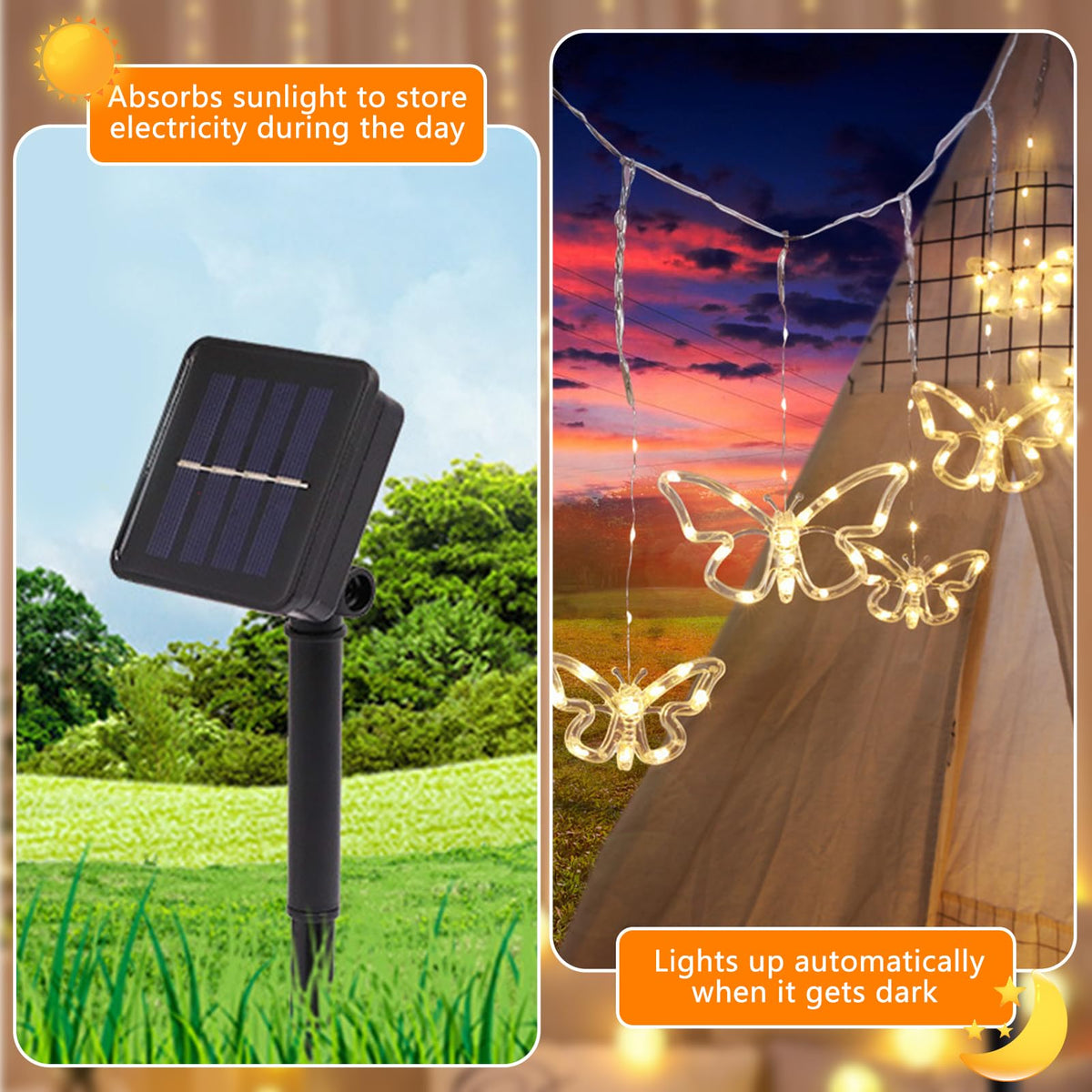 Butterfly Solar String Lights 120 LED Weatherproof Curtain with 8 Modes & Hooks – Warm White