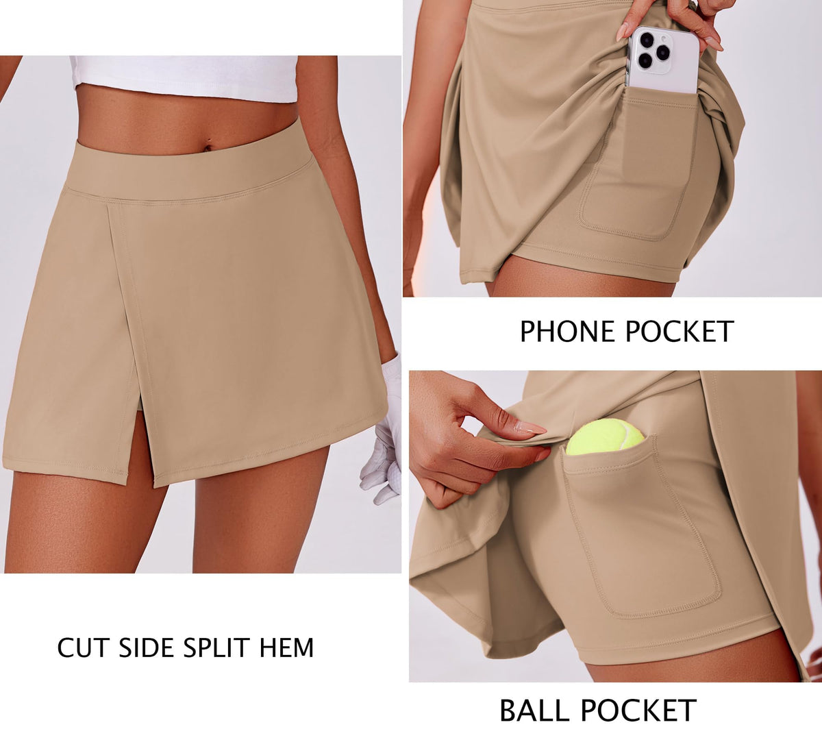 Women’s Tennis Skort High Waist Sports Skirt with Pockets Side Slit – Khaki L