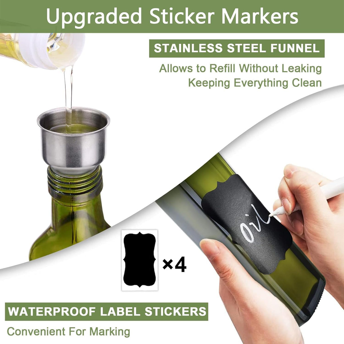 Oil & Vinegar Bottle Set 2×500ml Glass with Pourers Anti-Drip – Green